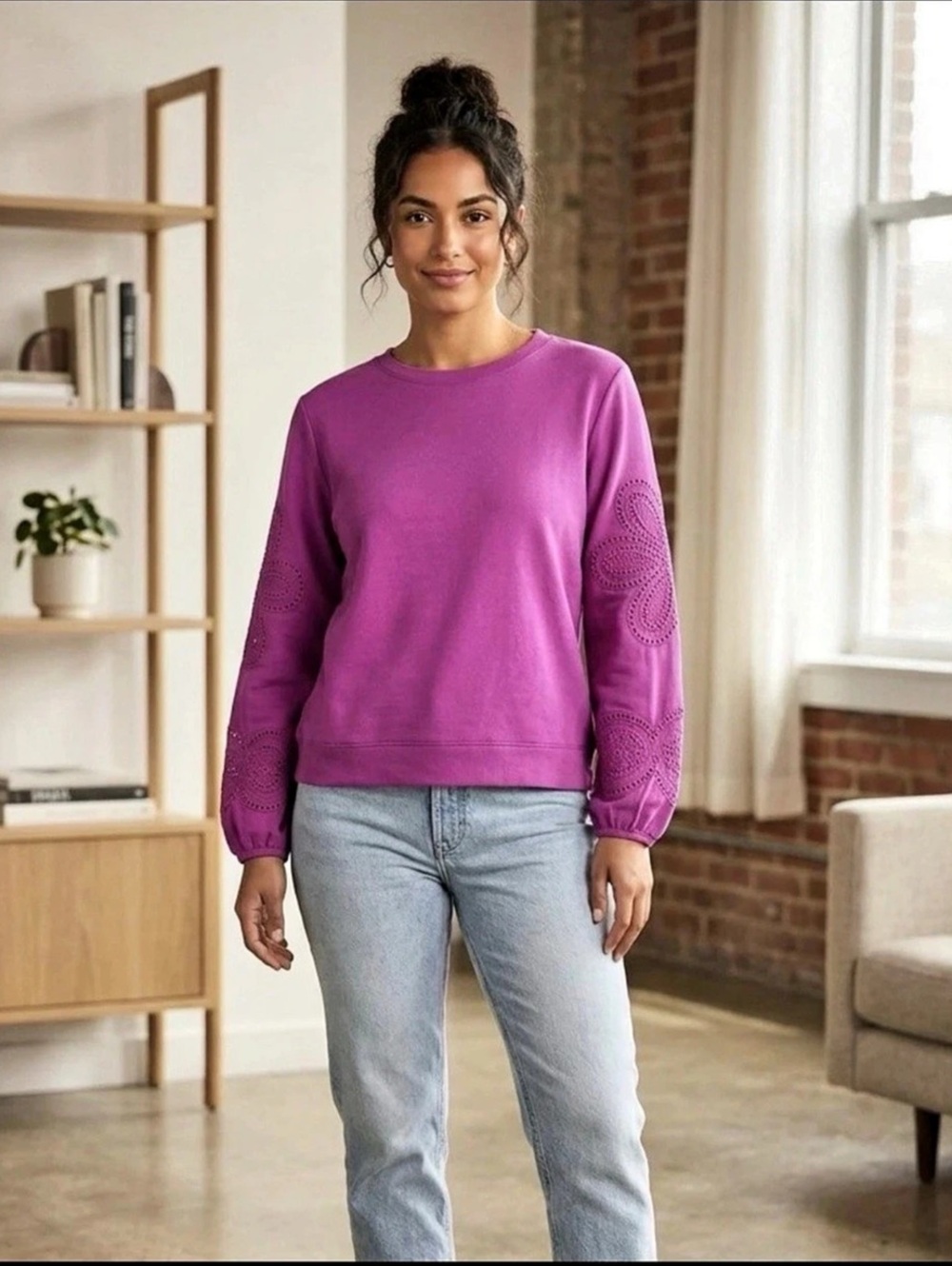 Talbots Petite Small Purple Sweatshirt with Eyelet Flower Cutout Sleeves